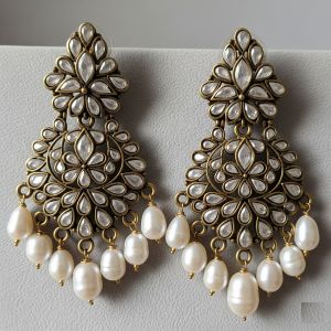 Polki Style Brass & Pearl Drop Earrings