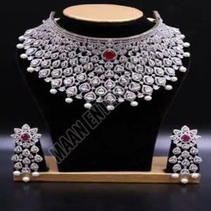 Rhodium-plated Brass Artificial Diamond & Ruby Choker Set