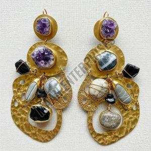Colorful Faux Gemstones Brass & Stone Statement Earrings