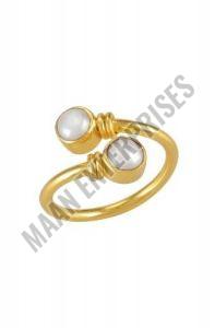 High-polish Gold Tone Brass Dual Pearl Open Ring Adjustable