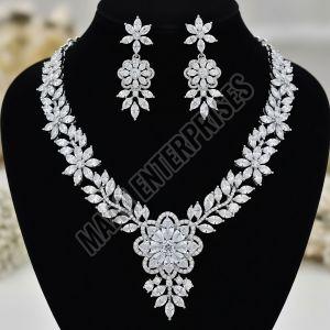 Brass Cz Stone Floral Necklace Set Wedding, Festive Contemporary