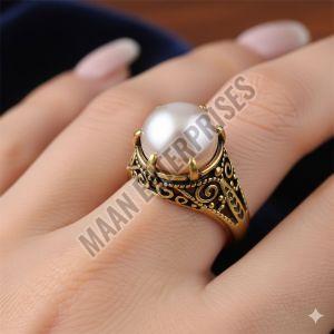Gold-Plated Elegant Pearl Solitaire Brass Finger Ring Adjustable