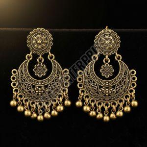 Oxidized Silver Faux Pearls Ethnic Brass Chandbali Earrings