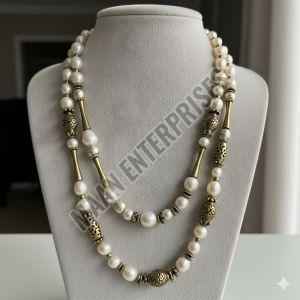 Long Pearl & Brass Beaded Necklace Opera Length