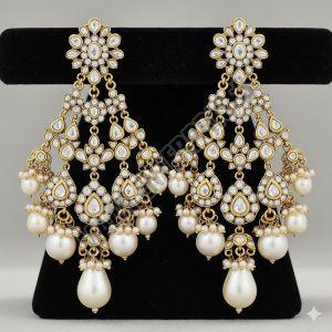 Luxury Polki Style & Pearl Drop Chandelier Earrings