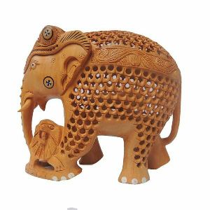 Wooden Undercut Elephant Statue With Lion