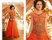 Orange Color Net Fabric Designer Gown