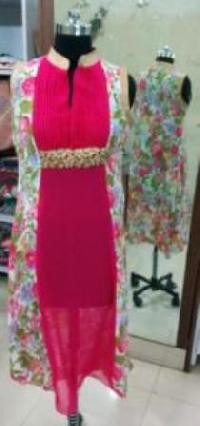 Long Printed Double Coloured Kurti with Pleats