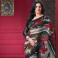Elegant Black & Red Printed Saree