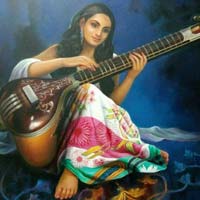 Indian lady with sitar oil painting.