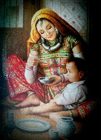 Rajasthani lady feeding the child oil painting