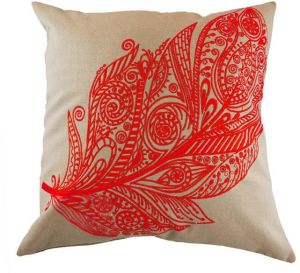 Embroidered Red Feather Cushion Cover