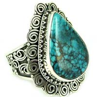 Rare Earths Wisdom Rava Work Turquoise 925 Sterling Silver Ring