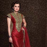 Fs1080 Banglori Silk Mirror Work Red  Semi Stitched Staight Suit