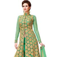 Fs2130 Georgette Embrodary Work Green Semi Stitched Saitght Type Suit