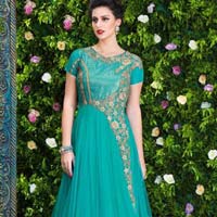 Fs2210 Georgette Embrodary Bottle Green Semi Stitched Gown