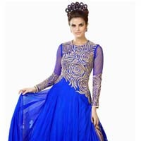 Fs2310georgette Embrodary Work Blue Semi Stitched Anarkali Type Gown