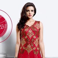 Net Embrodary Work Red Semi Stitched Anarkali Gown