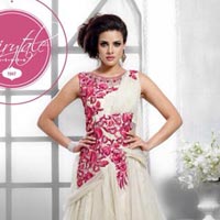 Soft Net Embrodary Work White&pink Semi Stitched Anarkali Gown