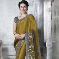 DESIGNER EMBROIDERED MEHENDI GREEN & FAWN COLOR PARTY WEAR SAREE