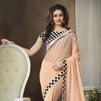 Designer Embroidered Peach Color Faux Georgette Party Wear Saree