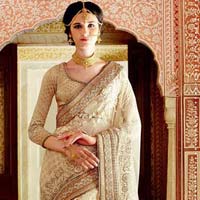 Designer Ivory Color Embroidered Party Wear Saree