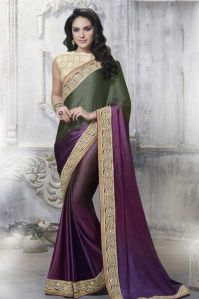 DESIGNER VIOLET & GREEN EMBROIDERED PARTY WEAR SAREE