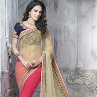 ETHNIC DESIGNER EMBROIDERED BEIGE & RED PARTY WEAR SAREE