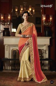 ETHNIC EMBROIDERED ORANGE & CREAM VELVET & GEORGETTE PARTY WEAR SAREE
