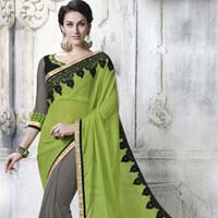 ETHNIC GREEN & GREY EMBROIDERED FAUX CHIFFON & NET PARTY WEAR SAREE