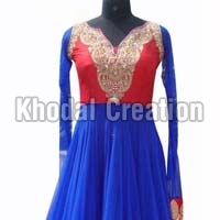 Blue and red colored Anarkali Suit