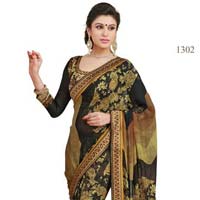 Black Color Printed Georgette Lace Border Saree with Blause