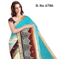 Designer Sky Blue and Brawn Chiffon Party Wear Saree