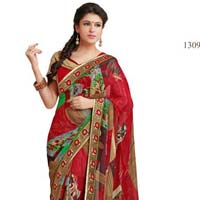 Red color printed lace work georgette saree with blause