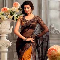 Net Designer Saree with Orange and Black Color
