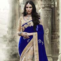 Velvet Designer Saree with Beige and Blue Color