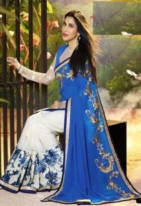 Stylish Georgette Designer Saree With White and Blue Color - 9426