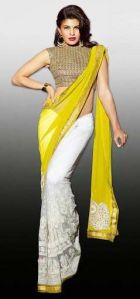 Stylish Georgette Designer Saree with Yellow and White Color - 9221c