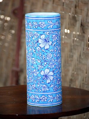 Blue Pottery Cylinder Shaped Vase