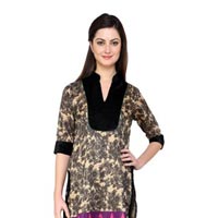 Vedikas Beige & Green Poly Silk Kurti