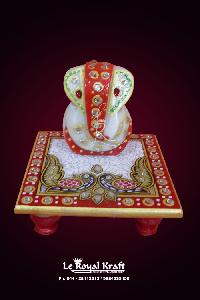 White Marble Chowki with Ganesh Statues