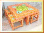 Hand Painted Coffee Table With Stool - Indian Painted Furniture