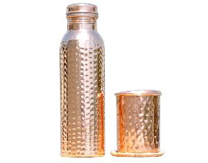 Copper hammered Water Bottle With Glass.
