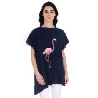 Girggit Indigo Blue Polyester Crepe Boat Neck Sing.le Line Asymmetric Top With Flamingo Embroidery