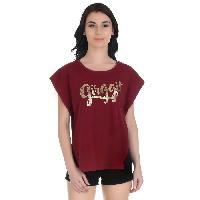 Girggit Marsala Cotton Round Neck Casual T-Shirt For Women With Brand Graphic