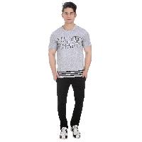 Girggit Round Neck Grey Melange Cotton Polyester Long T-Shirt With Pixelated Striped Graphic