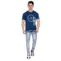 Girggit Round Neck Volcanic Blue Cotton T-Shirt For Men With Floral Numeric Graphic