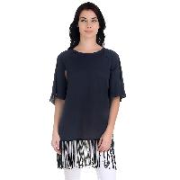 Girggit Volcanic Blue Polyester Crepe Round Neck Bell Sleeves Dress Shirt With Fringes