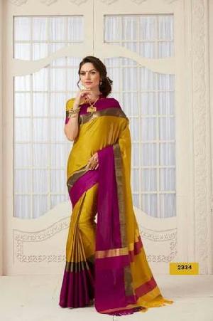Designer Pure Cotton Saree (Pink And Yellow Color)