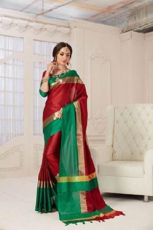 Designer Pure Cotton Saree (Red And Green Color)